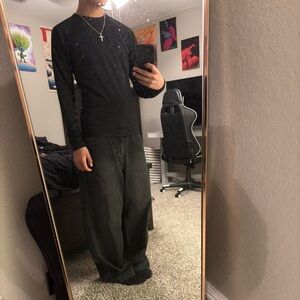 Black Long Sleeve Shirt and Dark Jeans